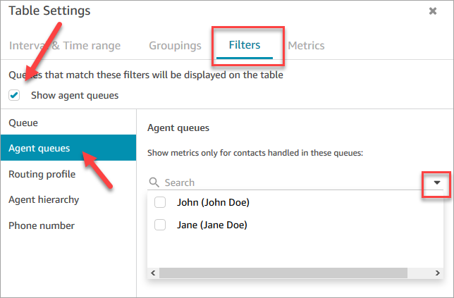 The agent queues dropdown menu on the Table settings page.